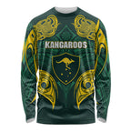 Custom Kangaroos Rugby Long Sleeve Shirt Polynesian Tribal Pattern Green Gold National Team