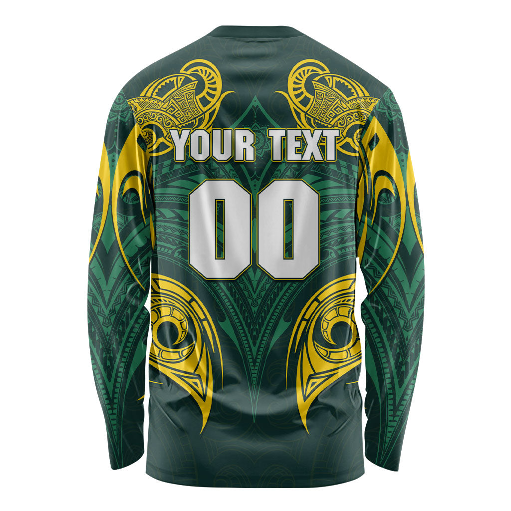 Custom Kangaroos Rugby Long Sleeve Shirt Polynesian Tribal Pattern Green Gold National Team