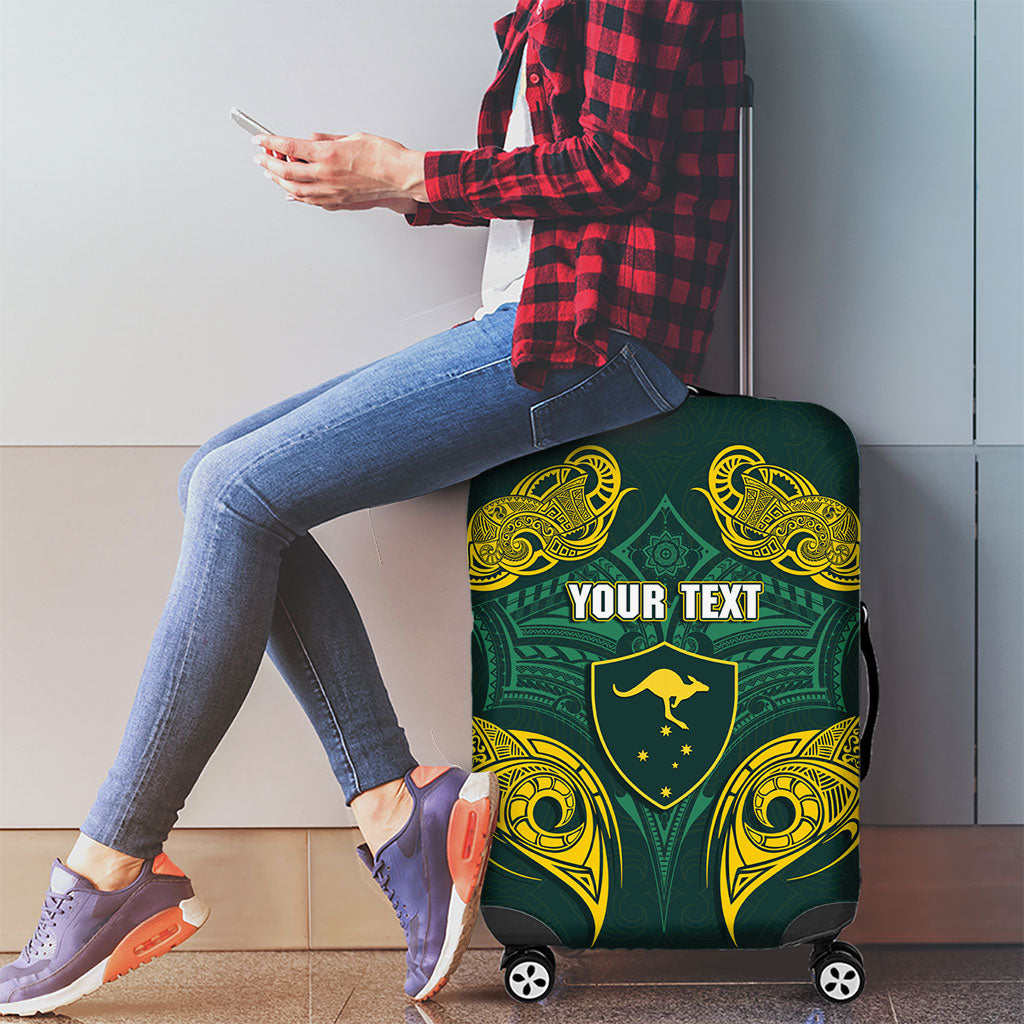 Custom Kangaroos Rugby Luggage Cover Polynesian Tribal Pattern Green Gold National Team