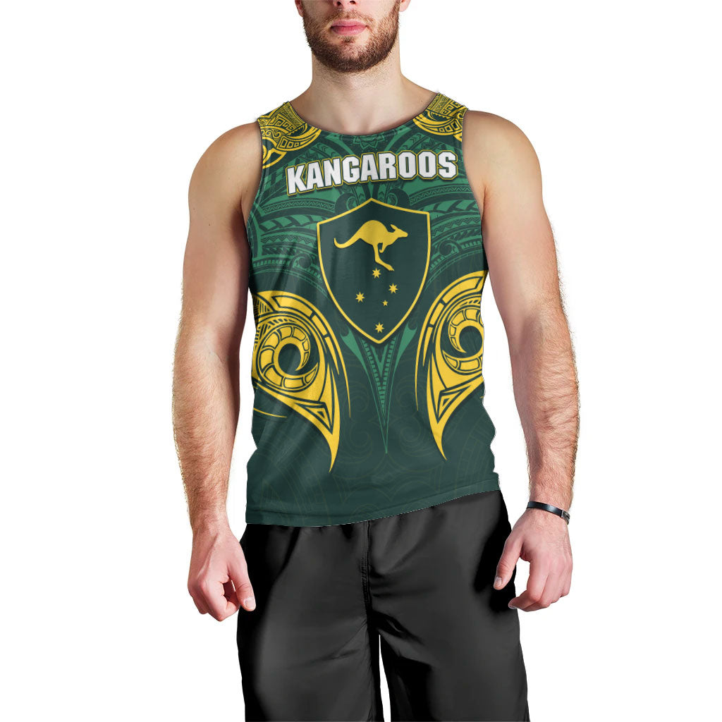 Custom Kangaroos Rugby Men Tank Top Polynesian Tribal Pattern Green Gold National Team