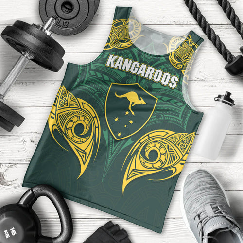Custom Kangaroos Rugby Men Tank Top Polynesian Tribal Pattern Green Gold National Team
