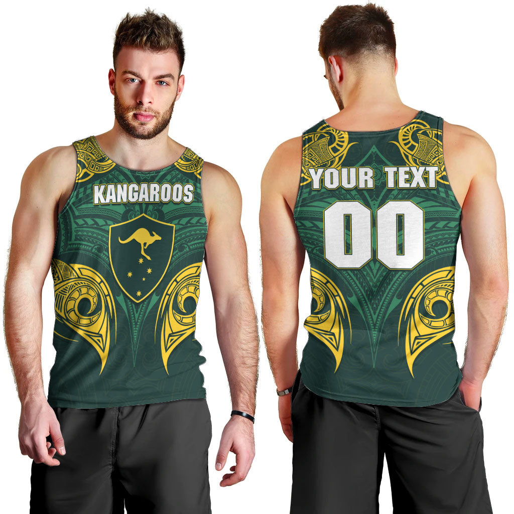 Custom Kangaroos Rugby Men Tank Top Polynesian Tribal Pattern Green Gold National Team