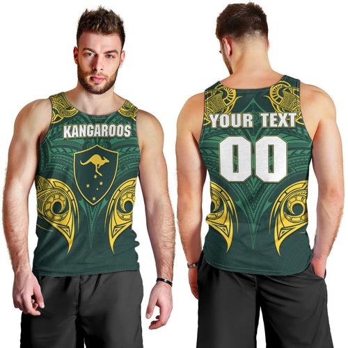 Custom Kangaroos Rugby Men Tank Top Polynesian Tribal Pattern Green Gold National Team