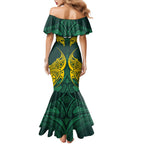 Custom Kangaroos Rugby Mermaid Dress Polynesian Tribal Pattern Green Gold National Team