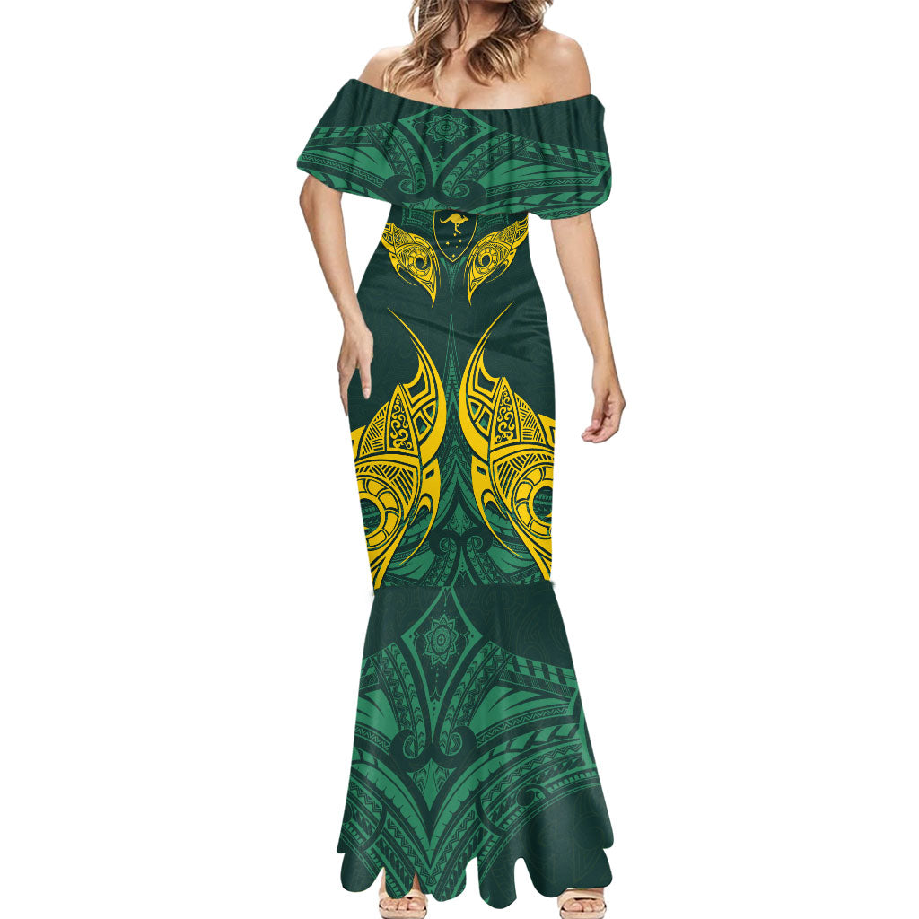 Custom Kangaroos Rugby Mermaid Dress Polynesian Tribal Pattern Green Gold National Team