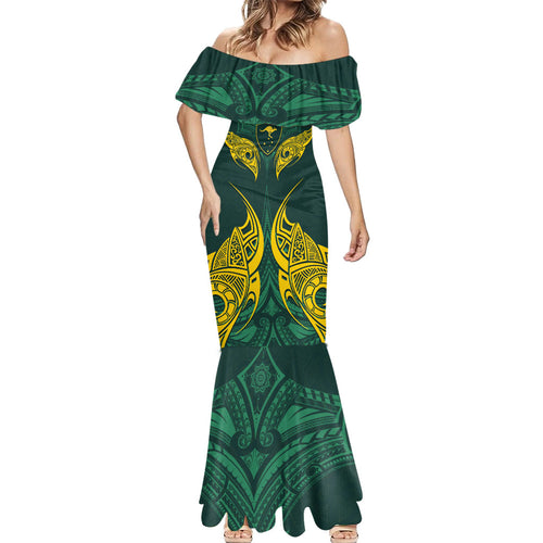 Custom Kangaroos Rugby Mermaid Dress Polynesian Tribal Pattern Green Gold National Team