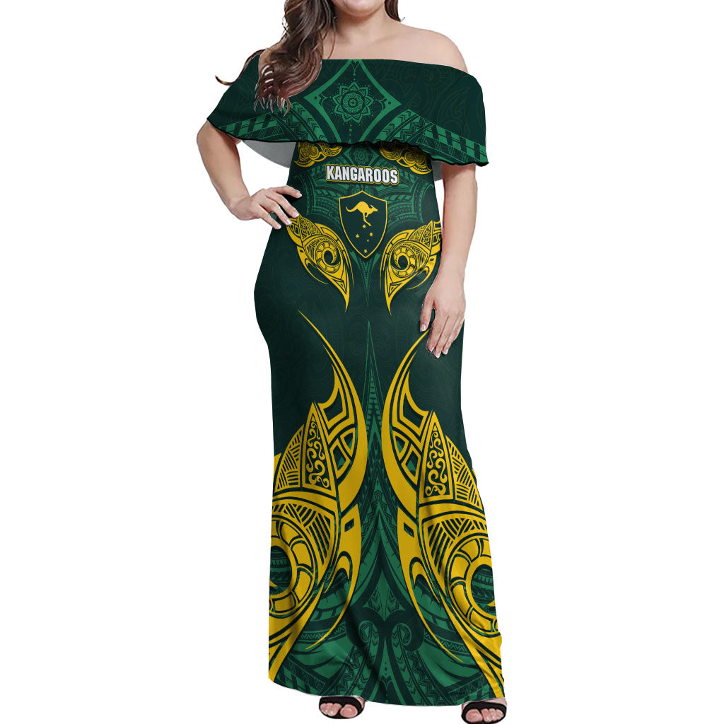 Custom Kangaroos Rugby Off Shoulder Maxi Dress Polynesian Tribal Pattern Green Gold National Team