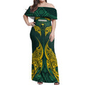 Custom Kangaroos Rugby Off Shoulder Maxi Dress Polynesian Tribal Pattern Green Gold National Team