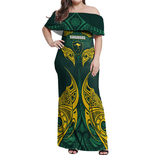 Custom Kangaroos Rugby Off Shoulder Maxi Dress Polynesian Tribal Pattern Green Gold National Team