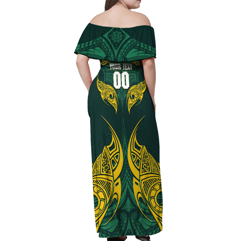Custom Kangaroos Rugby Off Shoulder Maxi Dress Polynesian Tribal Pattern Green Gold National Team