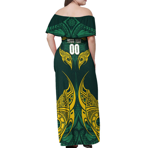Custom Kangaroos Rugby Off Shoulder Maxi Dress Polynesian Tribal Pattern Green Gold National Team