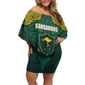 Custom Kangaroos Rugby Off Shoulder Short Dress Polynesian Tribal Pattern Green Gold National Team