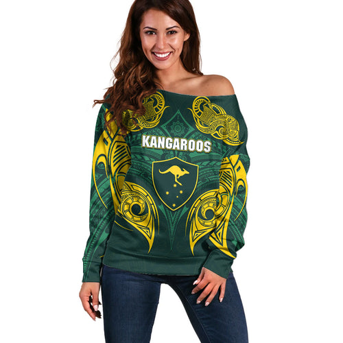 Custom Kangaroos Rugby Off Shoulder Sweater Polynesian Tribal Pattern Green Gold National Team