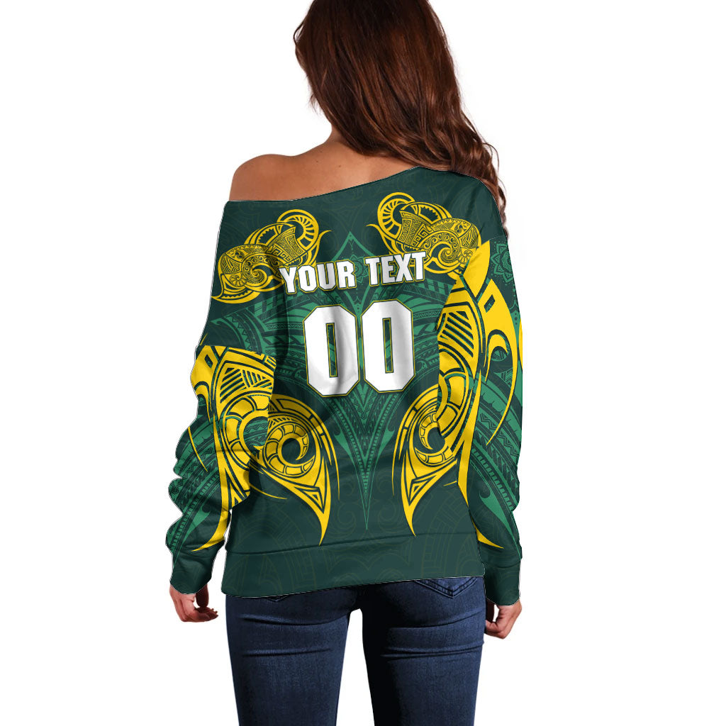 Custom Kangaroos Rugby Off Shoulder Sweater Polynesian Tribal Pattern Green Gold National Team