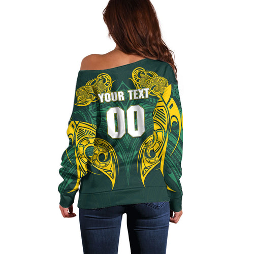 Custom Kangaroos Rugby Off Shoulder Sweater Polynesian Tribal Pattern Green Gold National Team