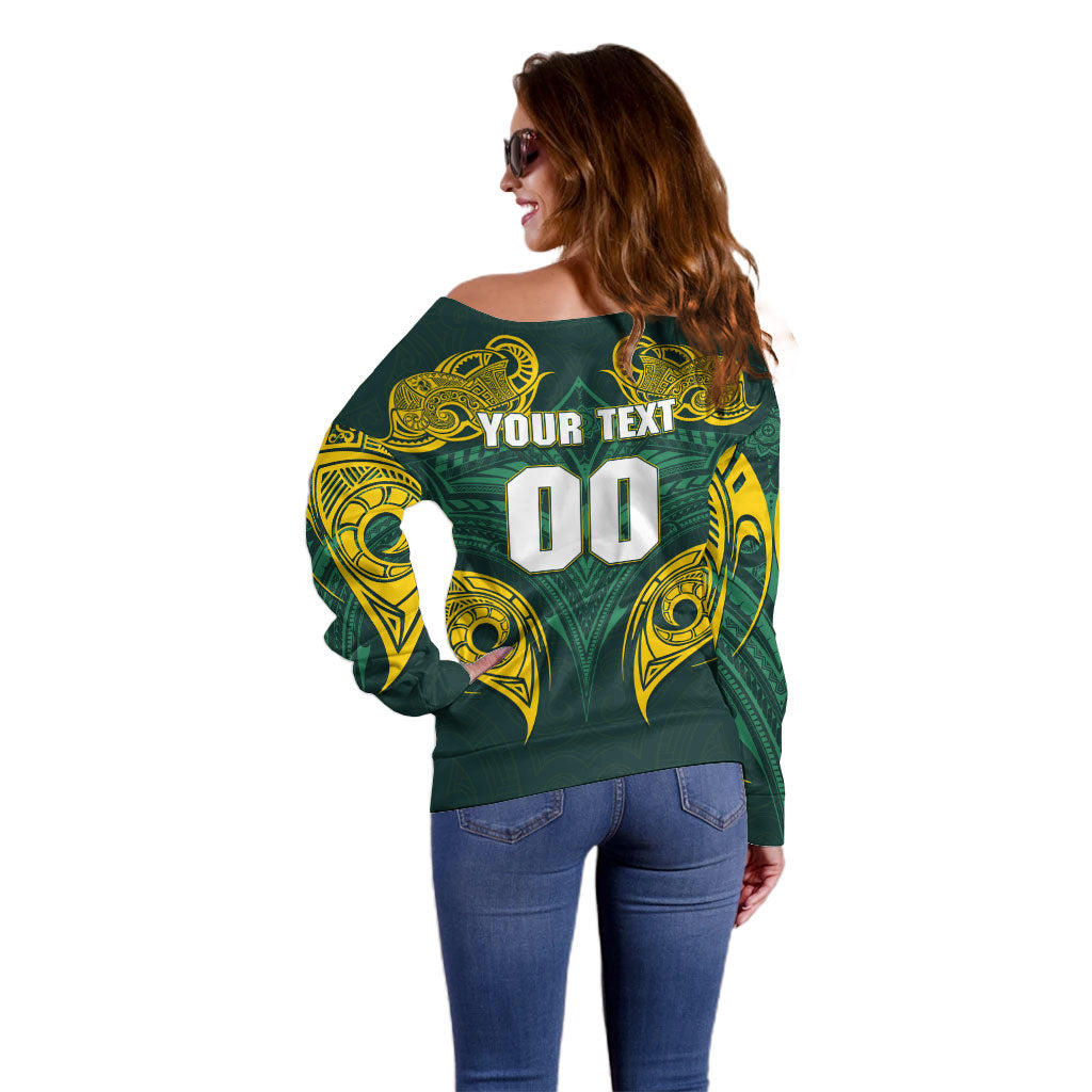 Custom Kangaroos Rugby Off Shoulder Sweater Polynesian Tribal Pattern Green Gold National Team