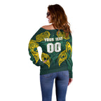 Custom Kangaroos Rugby Off Shoulder Sweater Polynesian Tribal Pattern Green Gold National Team