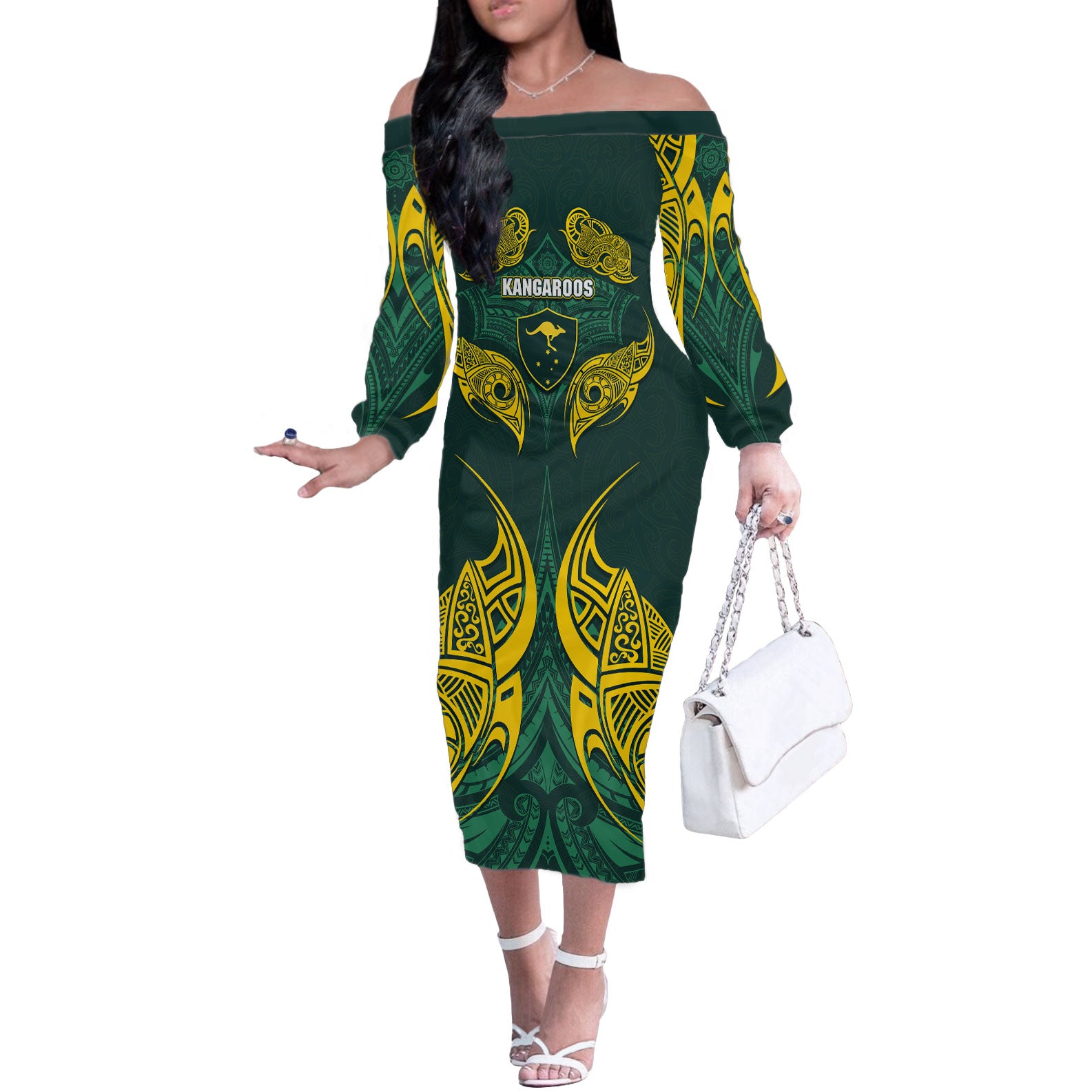Custom Kangaroos Rugby Off The Shoulder Long Sleeve Dress Polynesian Tribal Pattern Green Gold National Team