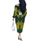 Custom Kangaroos Rugby Off The Shoulder Long Sleeve Dress Polynesian Tribal Pattern Green Gold National Team