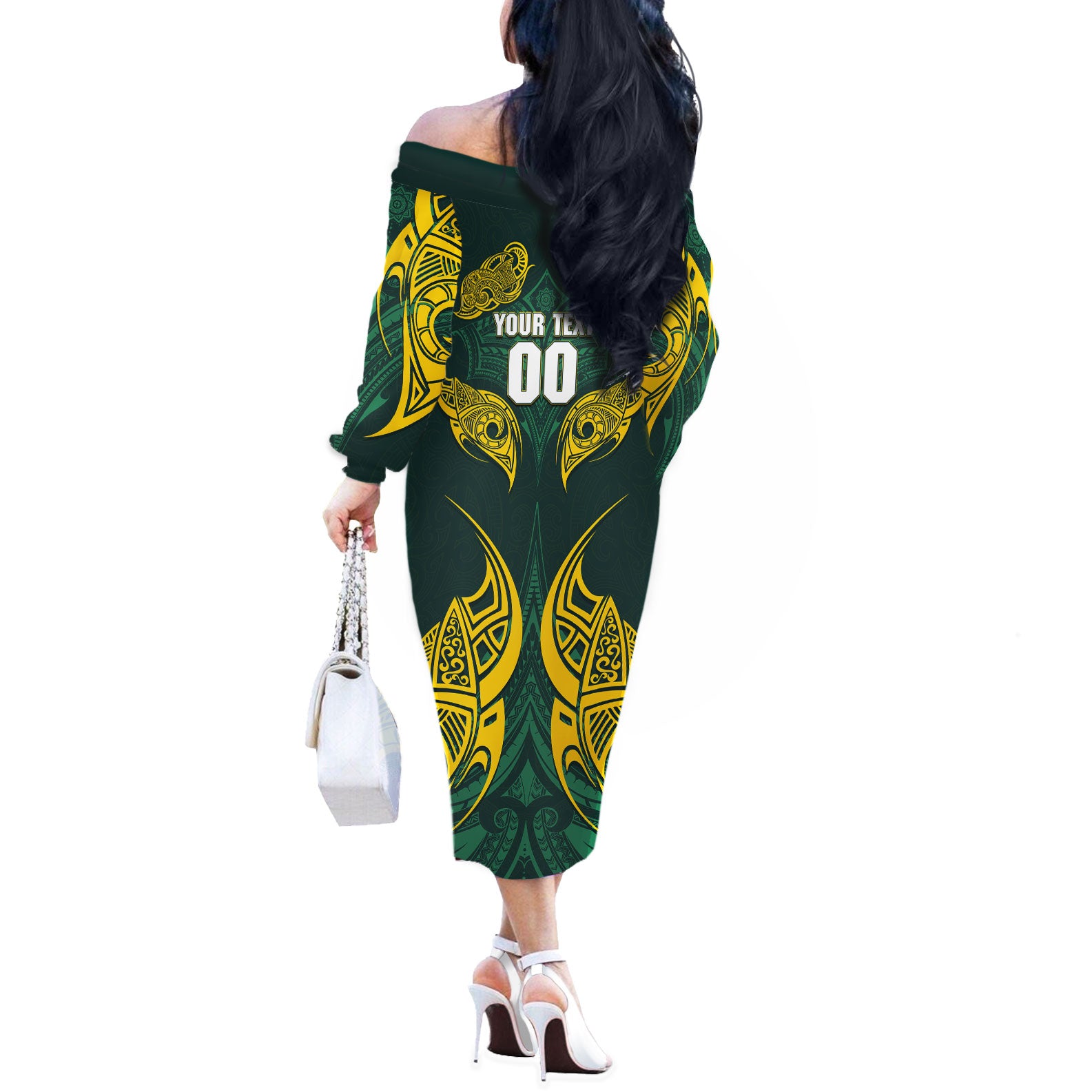 Custom Kangaroos Rugby Off The Shoulder Long Sleeve Dress Polynesian Tribal Pattern Green Gold National Team