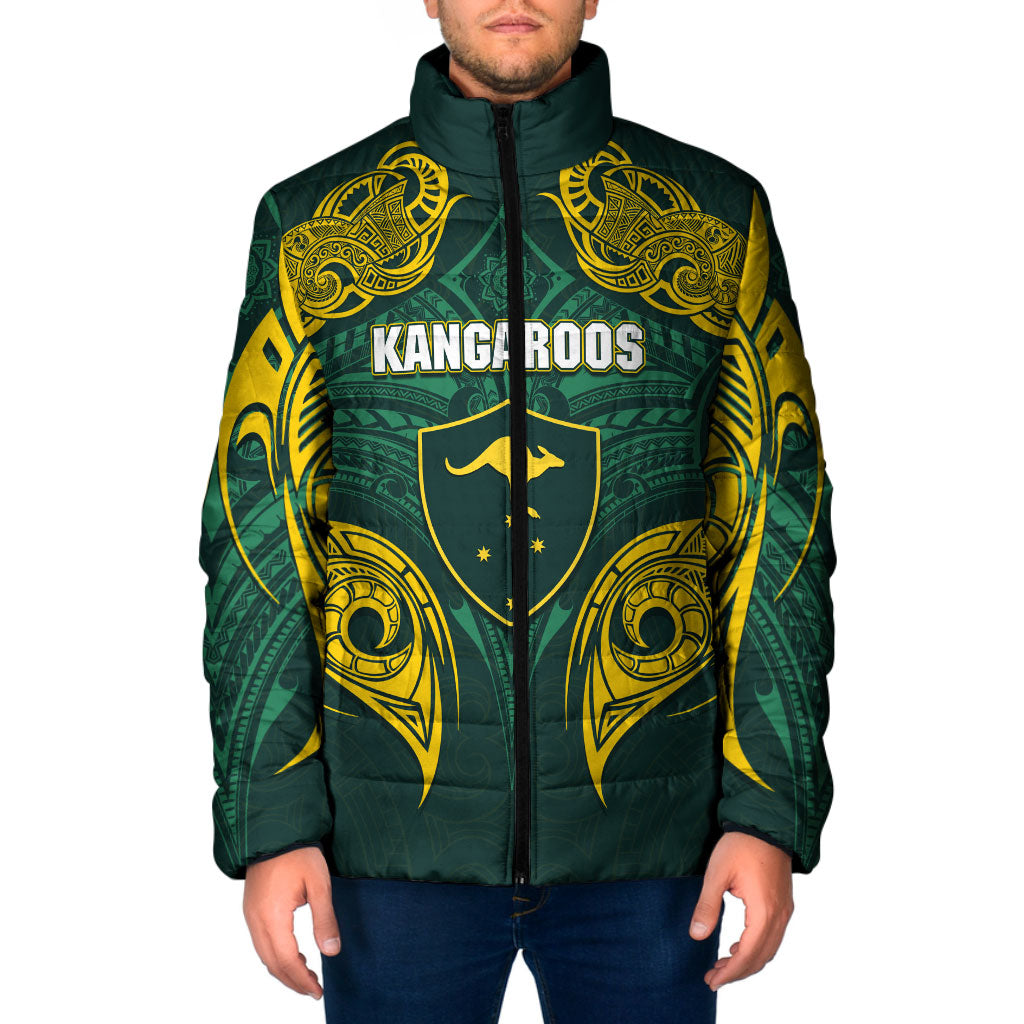 Custom Kangaroos Rugby Padded Jacket Polynesian Tribal Pattern Green Gold National Team