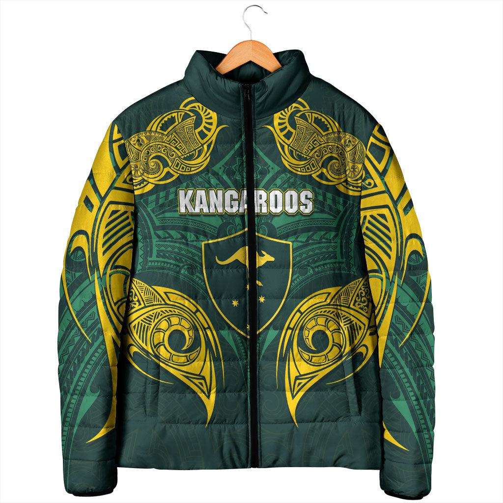 Custom Kangaroos Rugby Padded Jacket Polynesian Tribal Pattern Green Gold National Team
