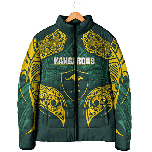 Custom Kangaroos Rugby Padded Jacket Polynesian Tribal Pattern Green Gold National Team
