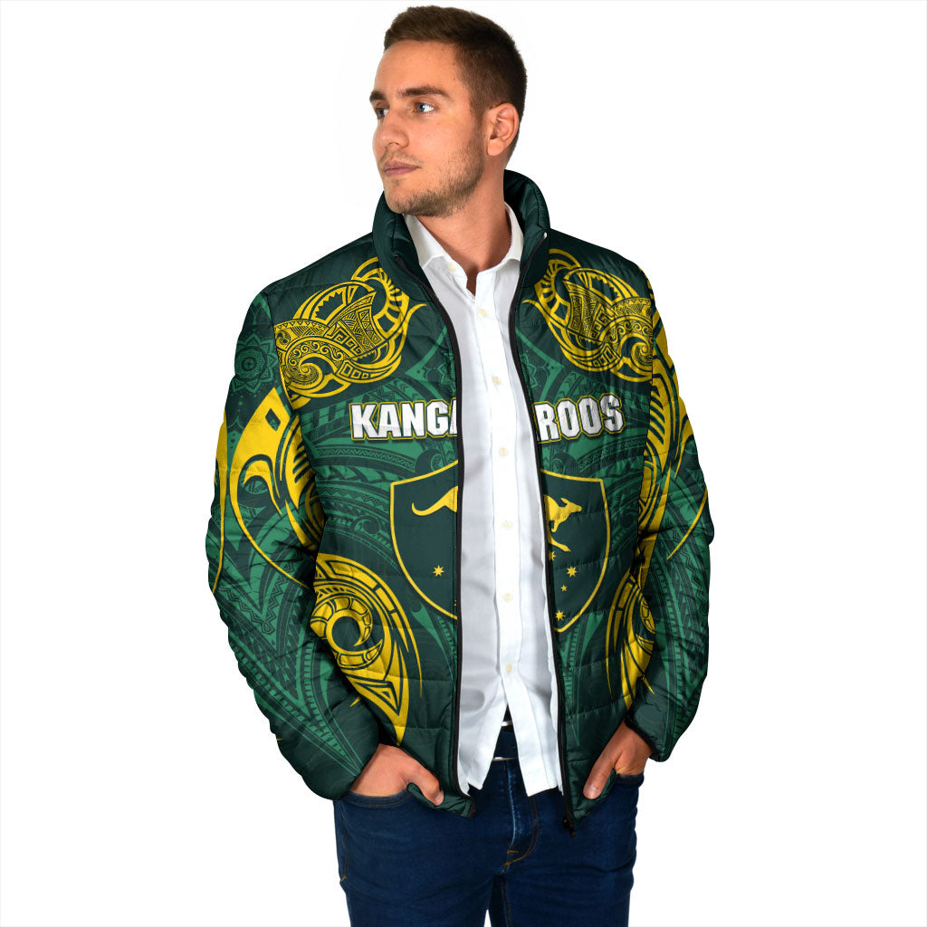 Custom Kangaroos Rugby Padded Jacket Polynesian Tribal Pattern Green Gold National Team