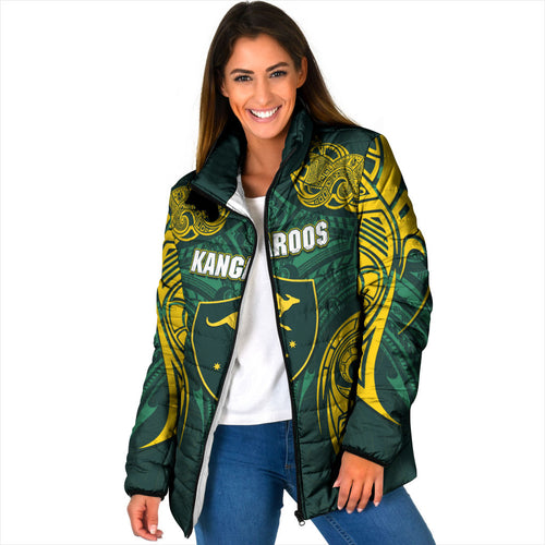 Custom Kangaroos Rugby Padded Jacket Polynesian Tribal Pattern Green Gold National Team