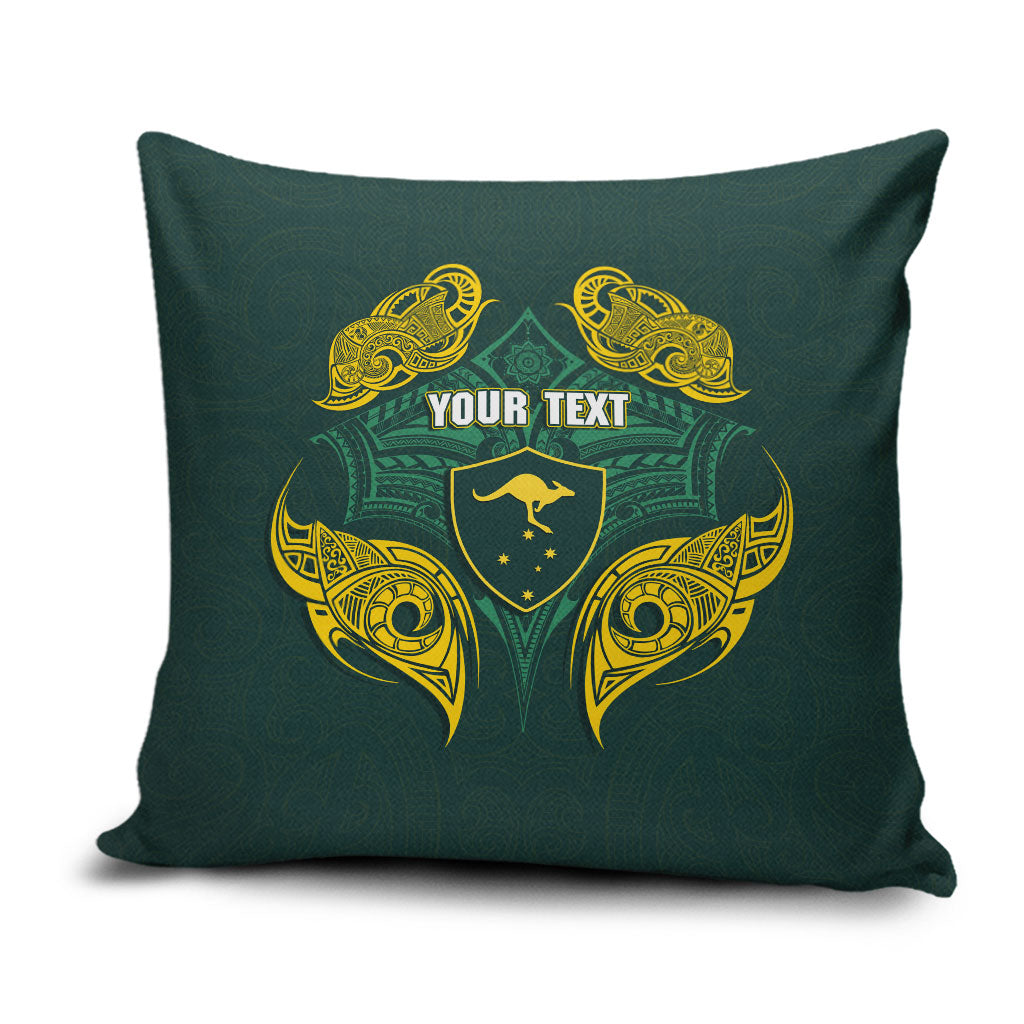 Custom Kangaroos Rugby Pillow Cover Polynesian Tribal Pattern Green Gold National Team