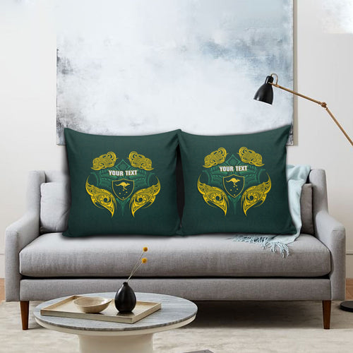Custom Kangaroos Rugby Pillow Cover Polynesian Tribal Pattern Green Gold National Team