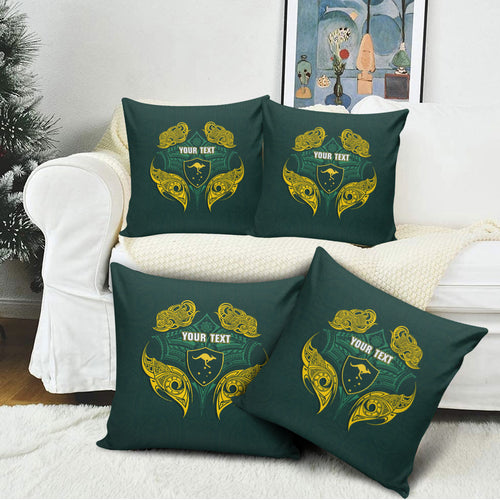 Custom Kangaroos Rugby Pillow Cover Polynesian Tribal Pattern Green Gold National Team