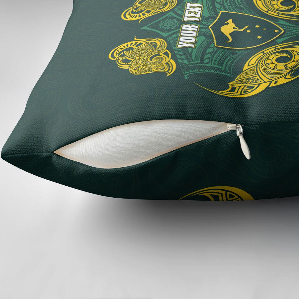 Custom Kangaroos Rugby Pillow Cover Polynesian Tribal Pattern Green Gold National Team