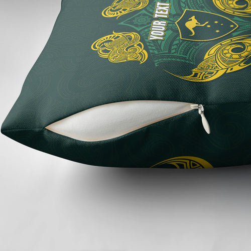 Custom Kangaroos Rugby Pillow Cover Polynesian Tribal Pattern Green Gold National Team