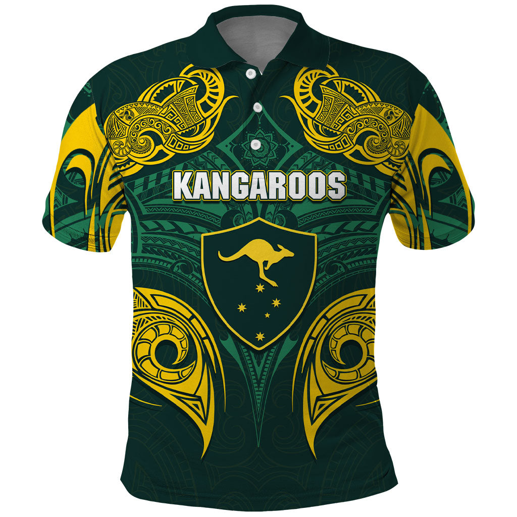 Custom Kangaroos Rugby Polo Shirt Polynesian Tribal Pattern Green Gold National Team