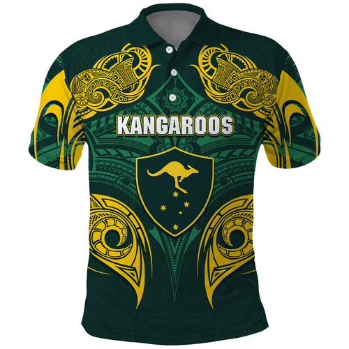 Custom Kangaroos Rugby Polo Shirt Polynesian Tribal Pattern Green Gold National Team