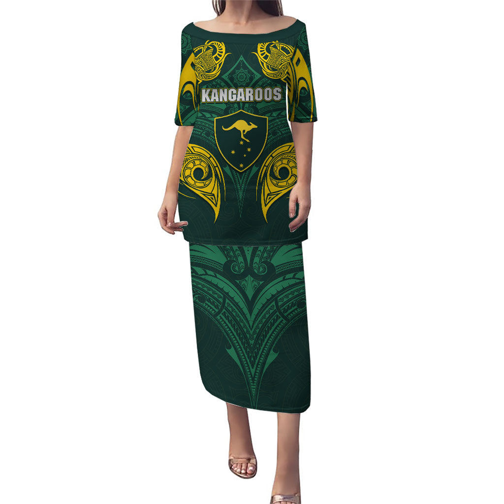 Custom Kangaroos Rugby Puletasi Polynesian Tribal Pattern Green Gold National Team