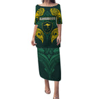 Custom Kangaroos Rugby Puletasi Polynesian Tribal Pattern Green Gold National Team