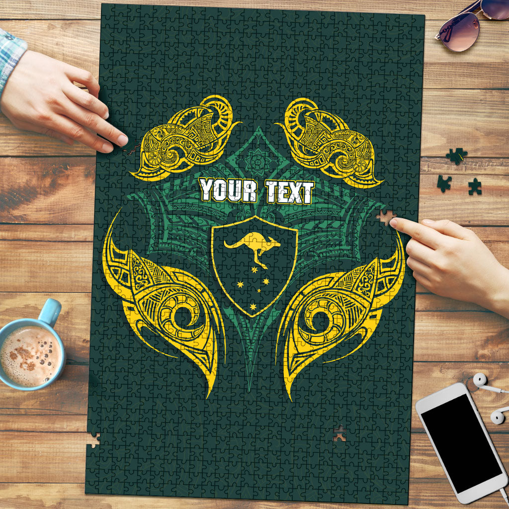 Custom Kangaroos Rugby Puzzle Polynesian Tribal Pattern Green Gold National Team