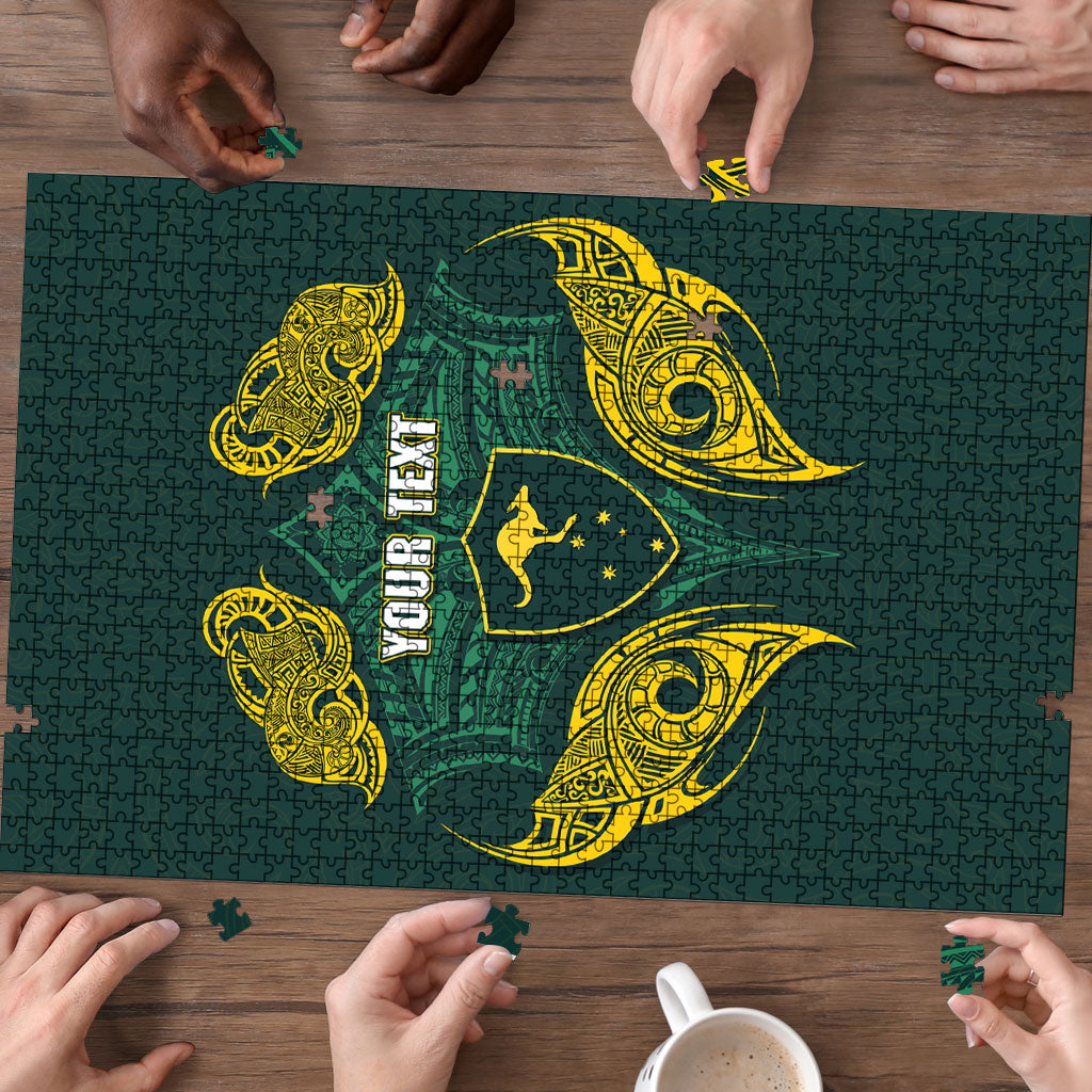 Custom Kangaroos Rugby Puzzle Polynesian Tribal Pattern Green Gold National Team