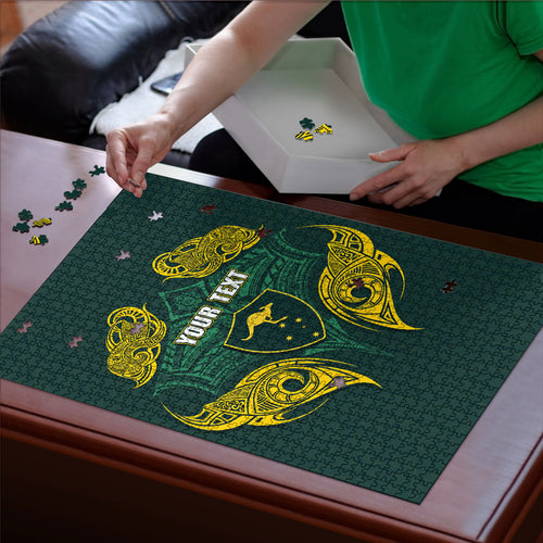 Custom Kangaroos Rugby Puzzle Polynesian Tribal Pattern Green Gold National Team