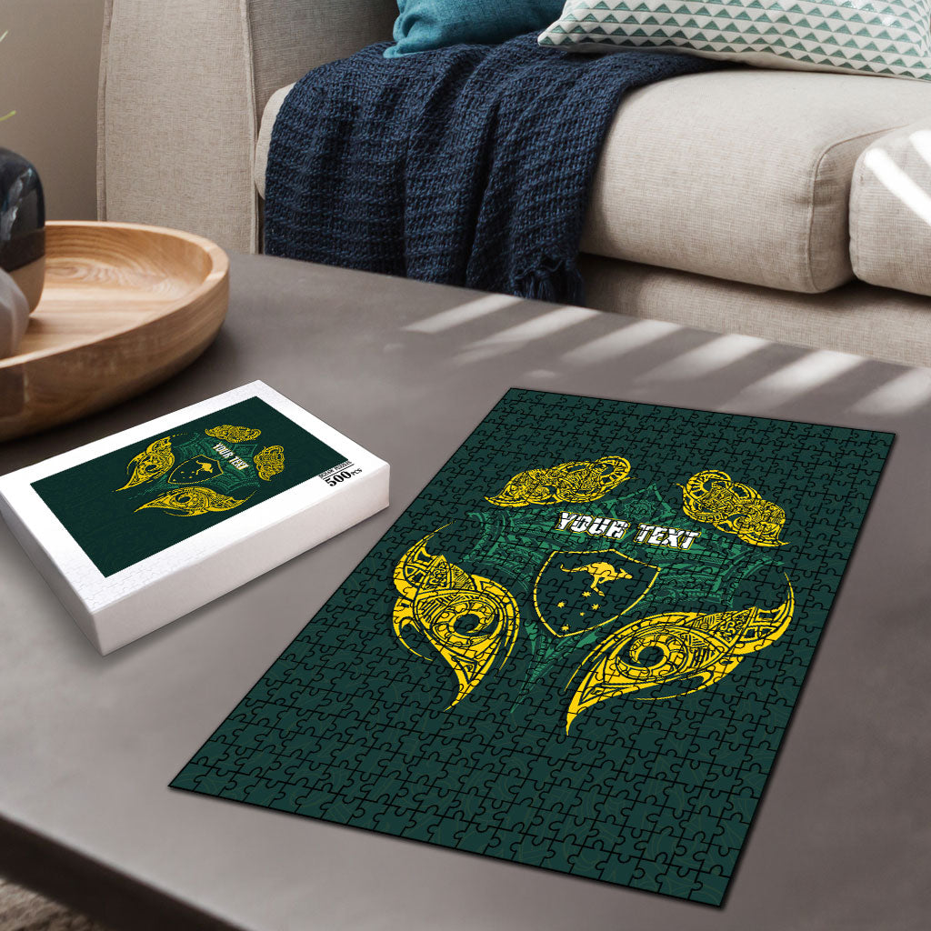 Custom Kangaroos Rugby Puzzle Polynesian Tribal Pattern Green Gold National Team