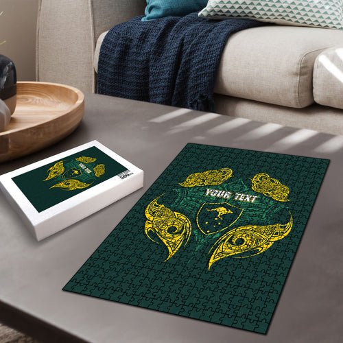 Custom Kangaroos Rugby Puzzle Polynesian Tribal Pattern Green Gold National Team