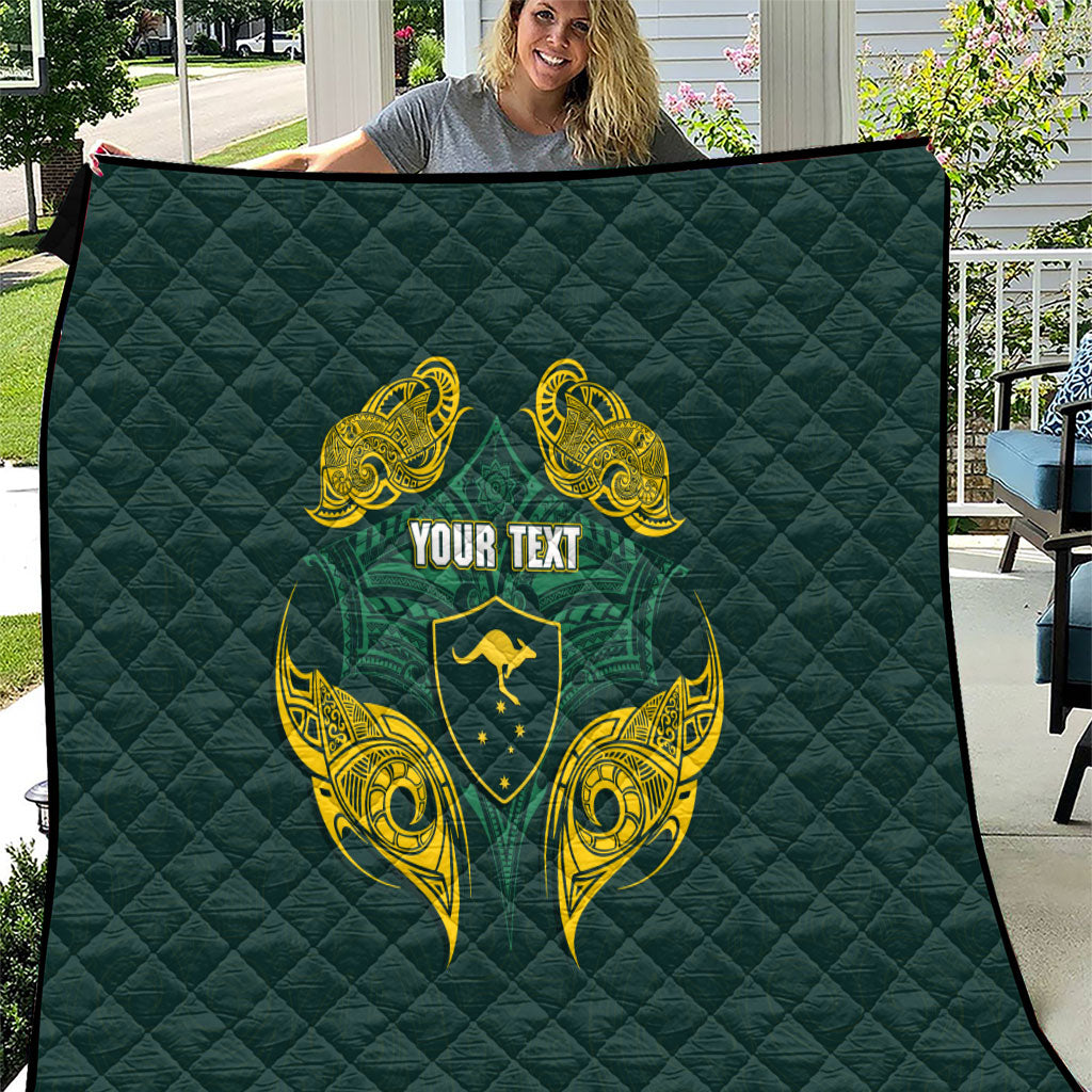 Custom Kangaroos Rugby Quilt Polynesian Tribal Pattern Green Gold National Team