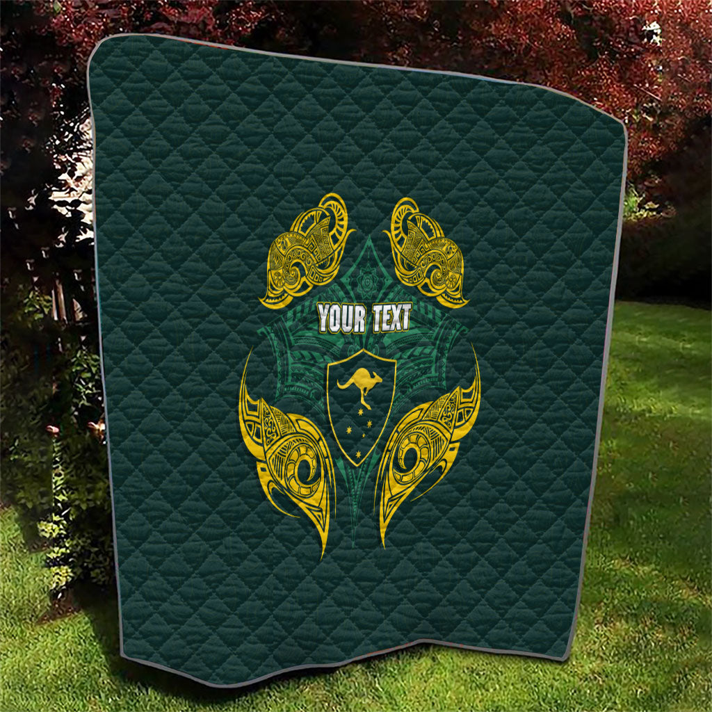 Custom Kangaroos Rugby Quilt Polynesian Tribal Pattern Green Gold National Team