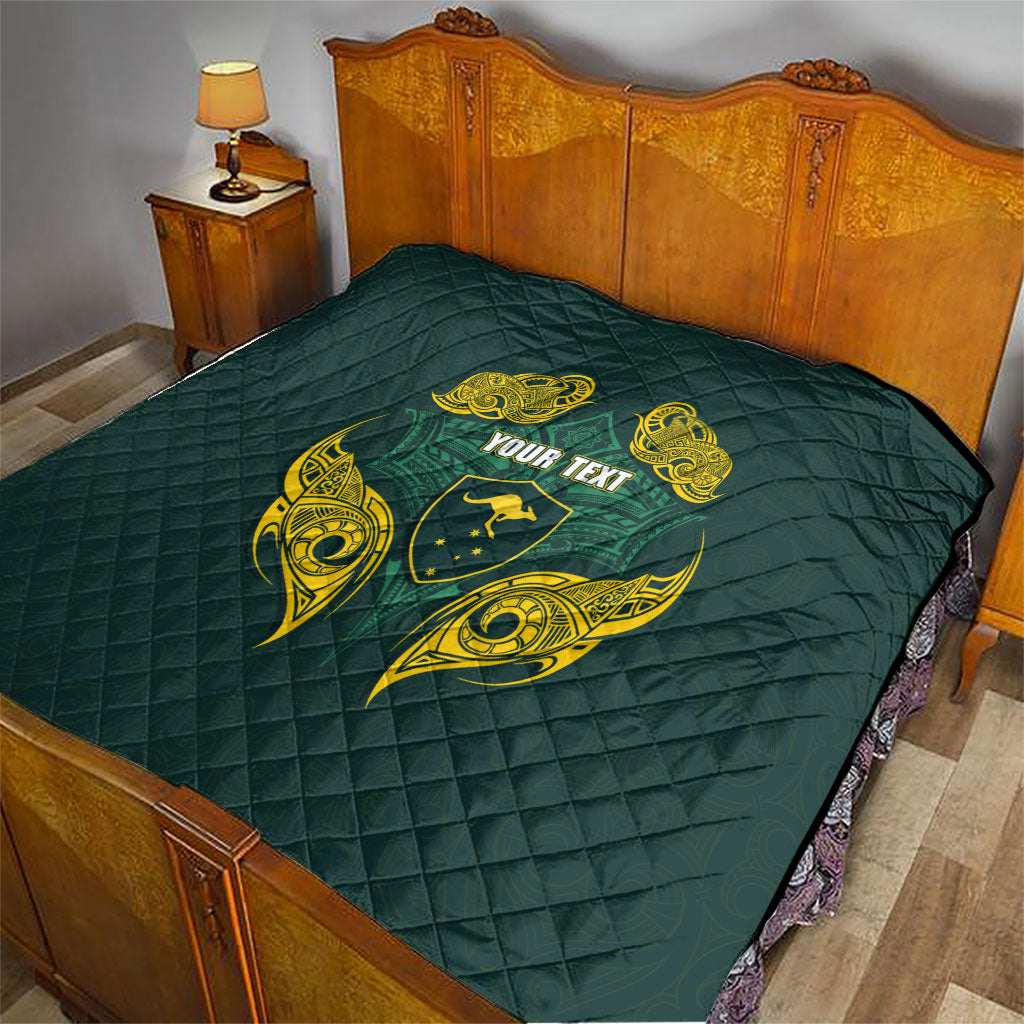 Custom Kangaroos Rugby Quilt Polynesian Tribal Pattern Green Gold National Team