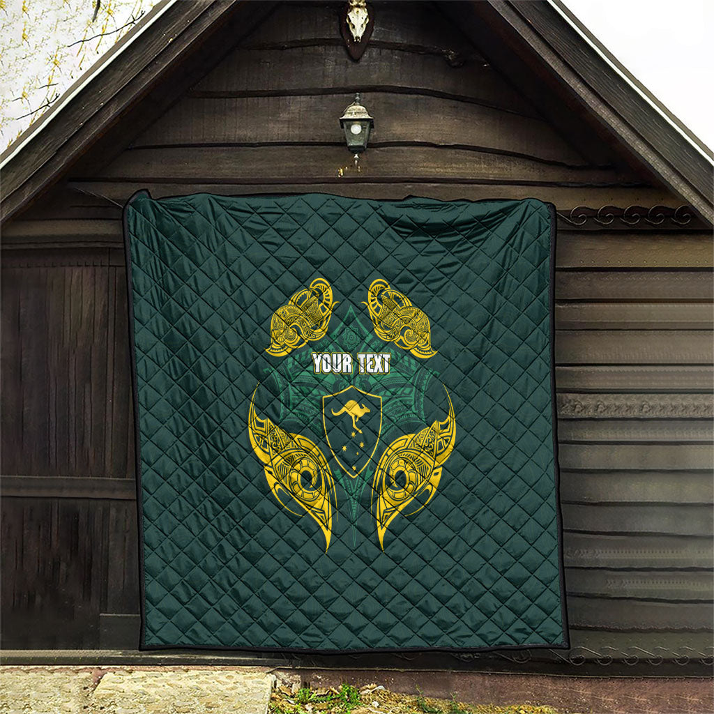 Custom Kangaroos Rugby Quilt Polynesian Tribal Pattern Green Gold National Team