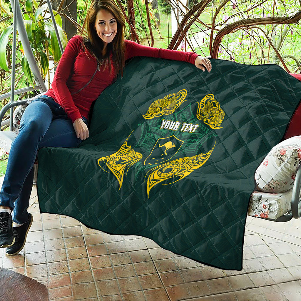 Custom Kangaroos Rugby Quilt Polynesian Tribal Pattern Green Gold National Team