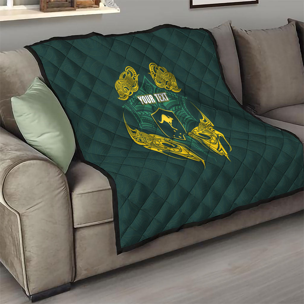 Custom Kangaroos Rugby Quilt Polynesian Tribal Pattern Green Gold National Team