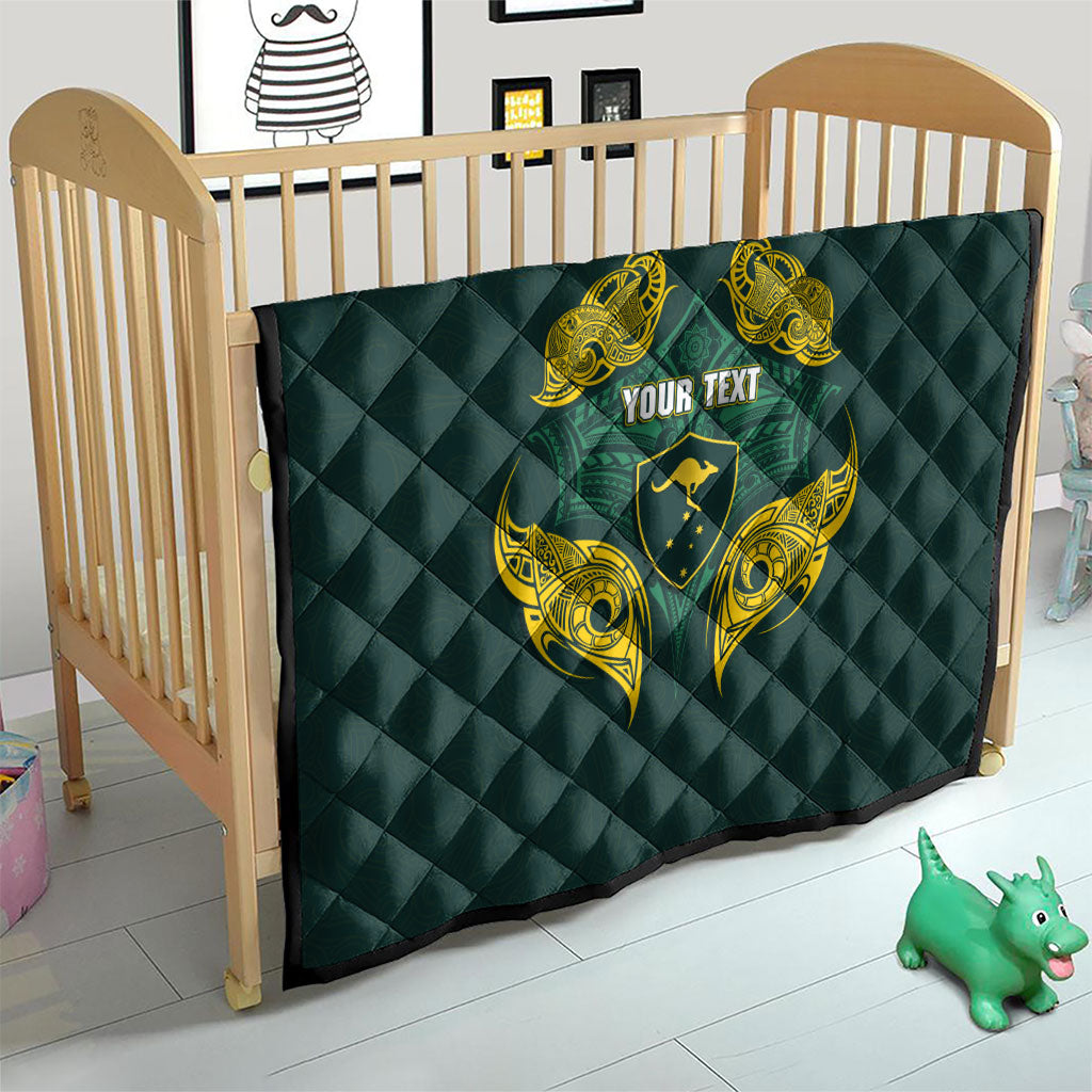 Custom Kangaroos Rugby Quilt Polynesian Tribal Pattern Green Gold National Team